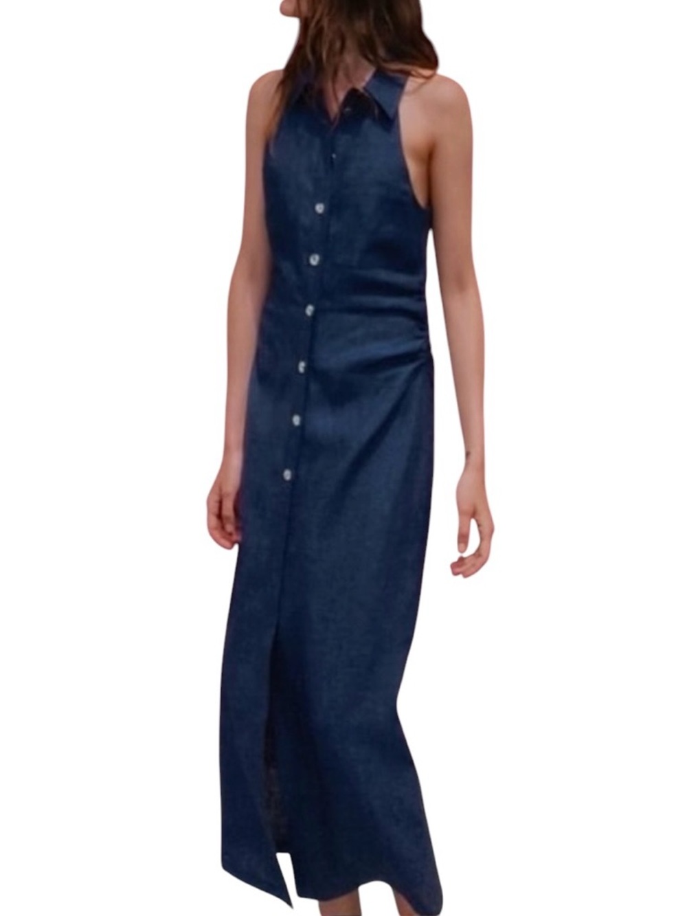 🆕 Zara Tailored Linen Shirtdress Dark Blue Sleeveless Halter Summer Size Large